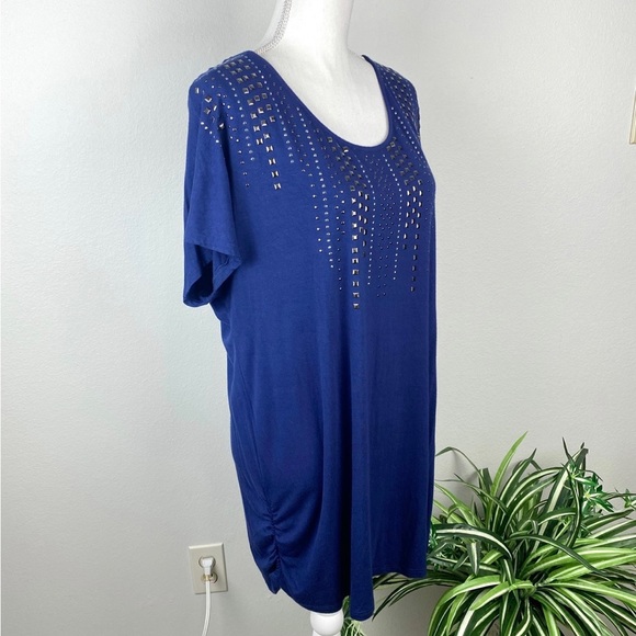 Plus Size 1X Blue Embellished Scoop Neck Ruch Sides Faded Glory EUC - Picture 3 of 9